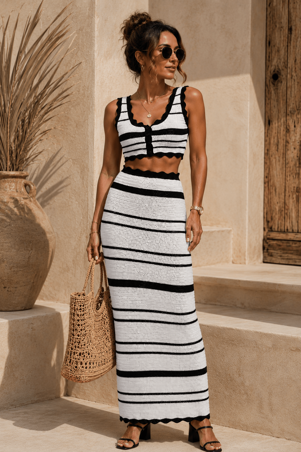 Black &amp; White Striped Crochet Skirt Set - STYLED BY ALX COUTUREOutfit Sets