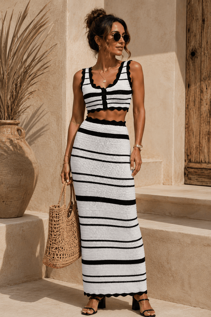 Black &amp; White Striped Crochet Skirt Set - STYLED BY ALX COUTUREOutfit Sets