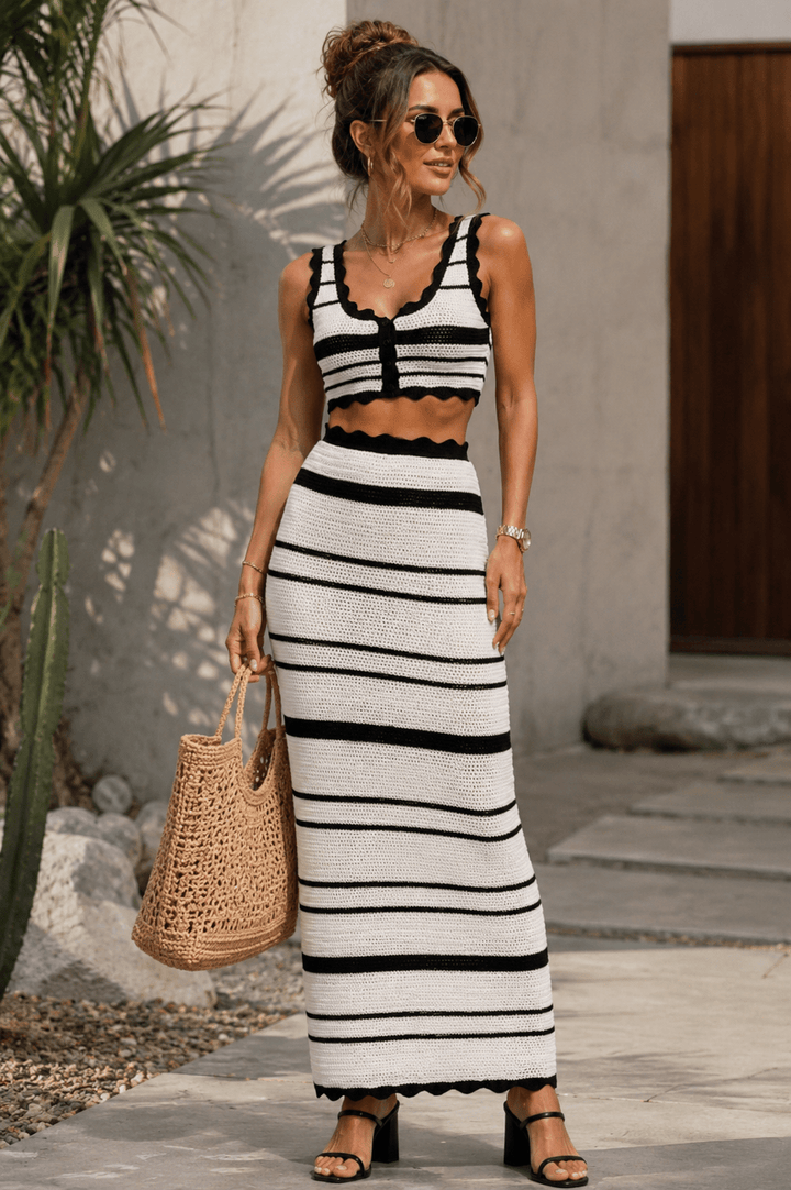 Black &amp; White Striped Crochet Skirt Set - STYLED BY ALX COUTUREOutfit Sets