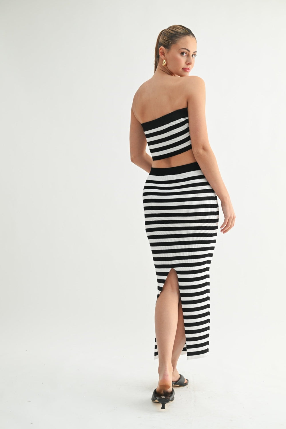 Black & White Striped Knit Tube Top & Midi Skirt Set - STYLED BY ALX COUTUREOutfit Sets