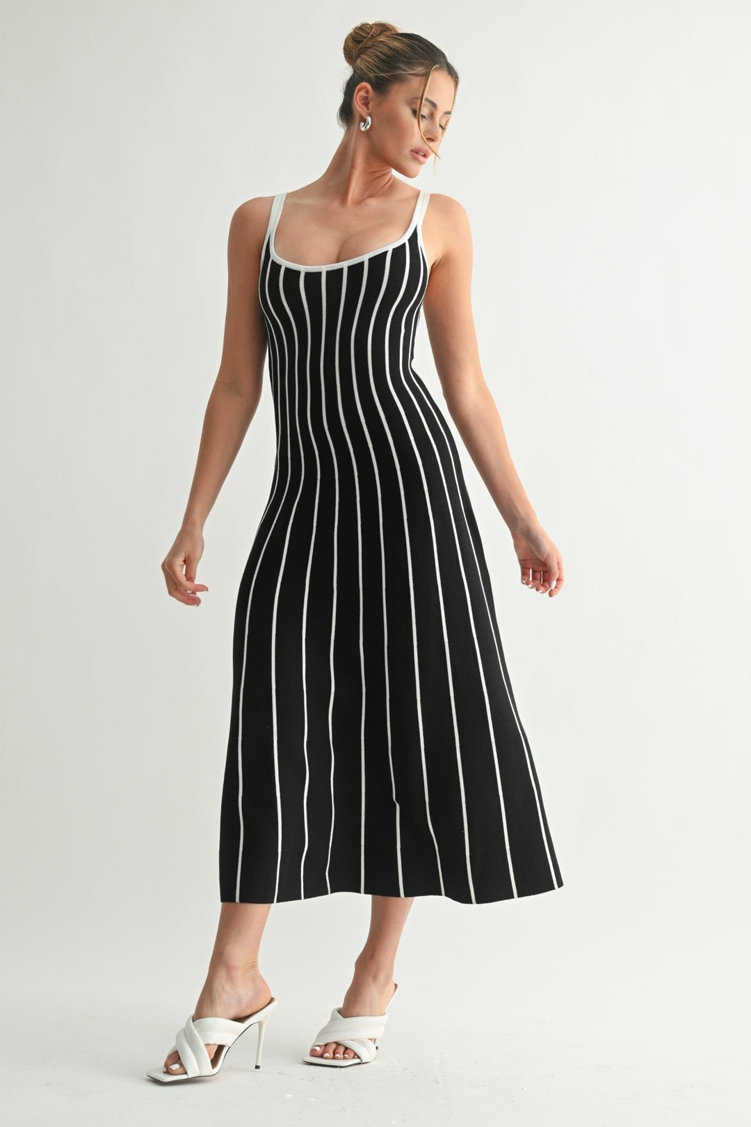black and white striped knit dress Tipton Striped Mini Sweater Dress