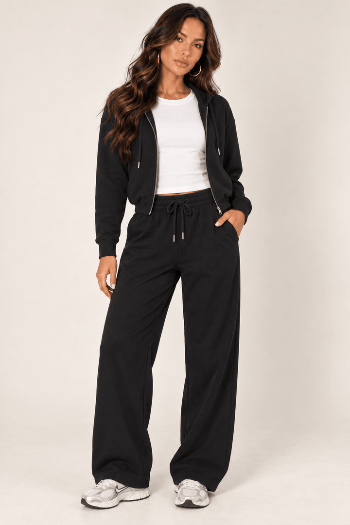 Black Wide Leg Drawstring Sweatpants - STYLED BY ALX COUTUREPants
