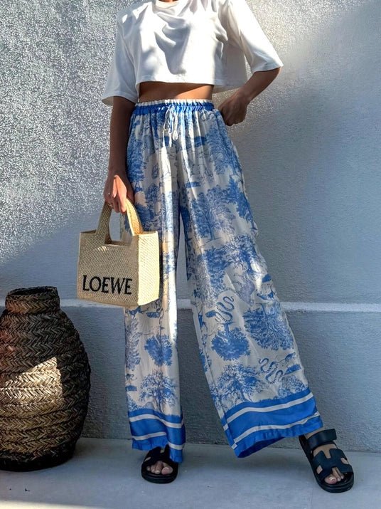 Blue Bohemian Ethnic Garden Ecru Tie Pants - STYLED BY ALX COUTUREPANTS