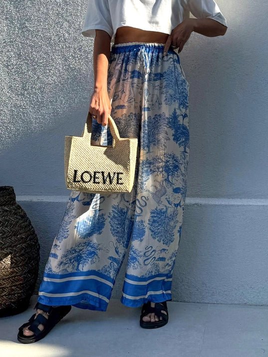 Blue Bohemian Ethnic Garden Ecru Tie Pants - STYLED BY ALX COUTUREPANTS