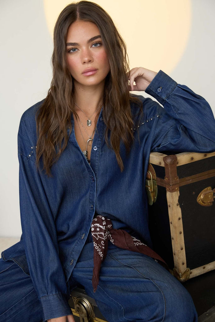 Blue Denim Stud Detail Button Down Shacket - STYLED BY ALX COUTUREShirts &amp; Tops