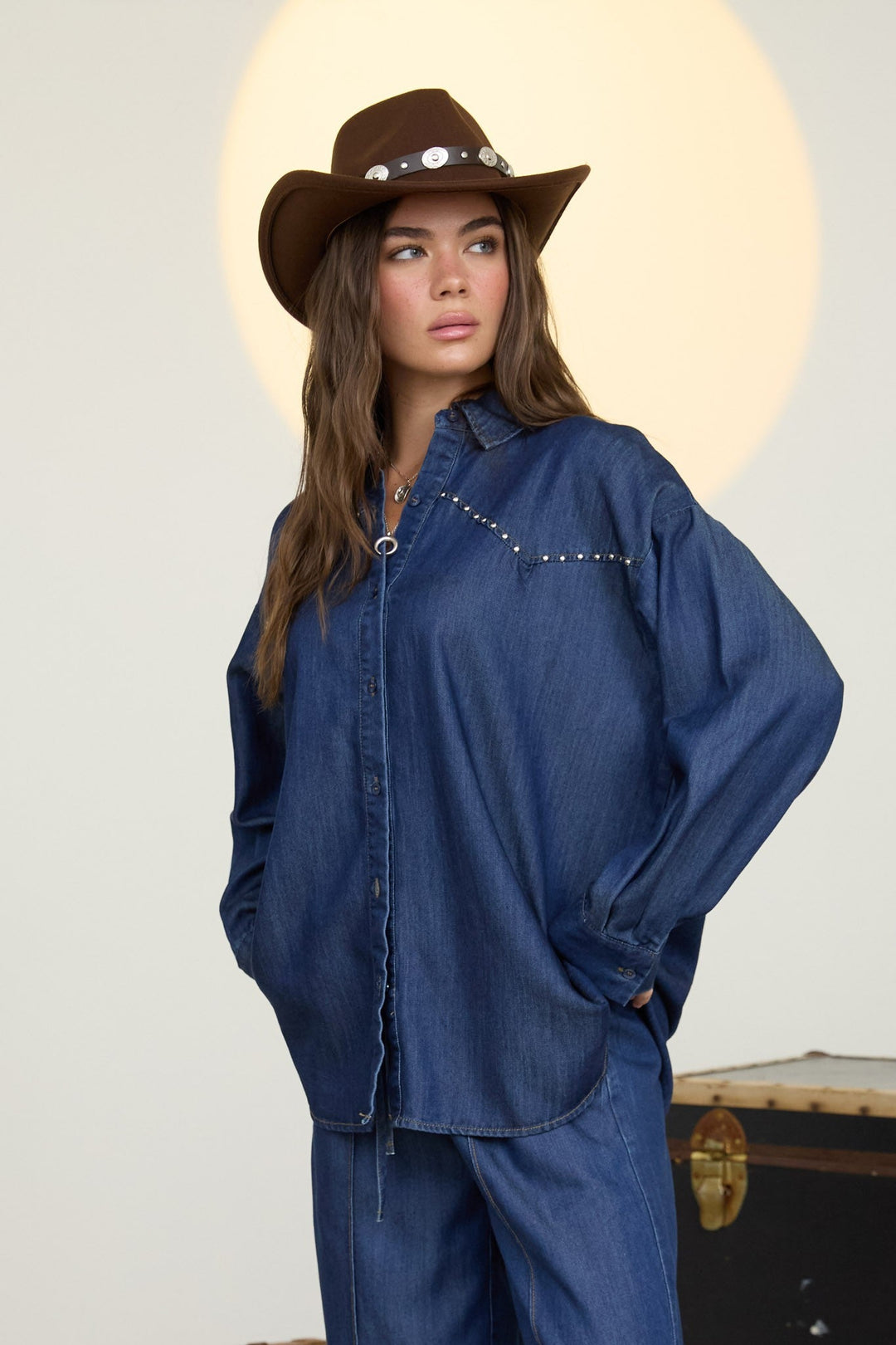 Blue Denim Stud Detail Button Down Shacket - STYLED BY ALX COUTUREShirts &amp; Tops
