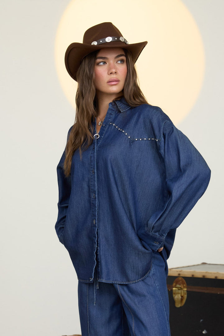 Blue Denim Stud Detail Button Down Shacket - STYLED BY ALX COUTUREShirts &amp; Tops