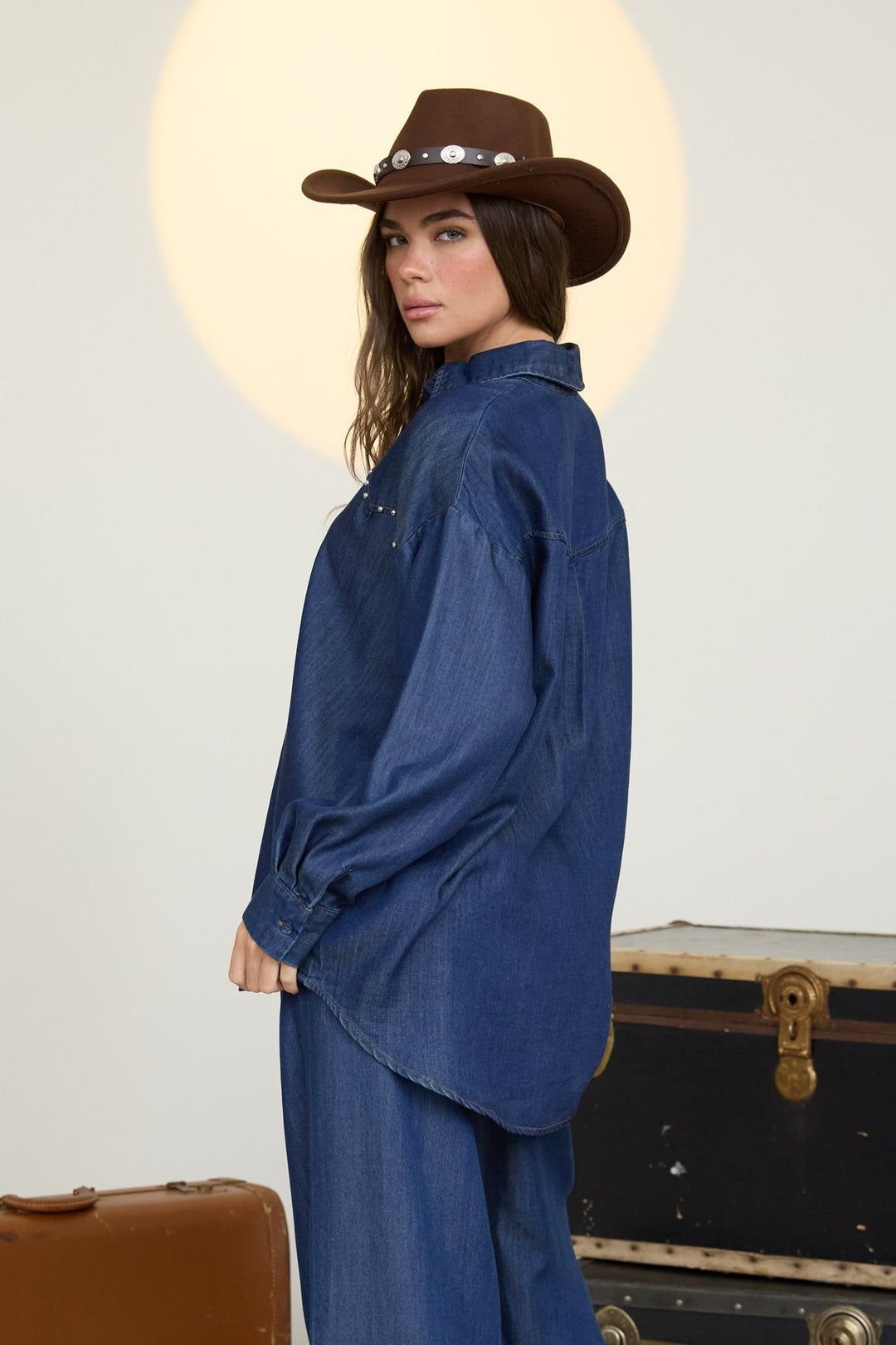 Blue Denim Stud Detail Button Down Shacket - STYLED BY ALX COUTUREShirts &amp; Tops