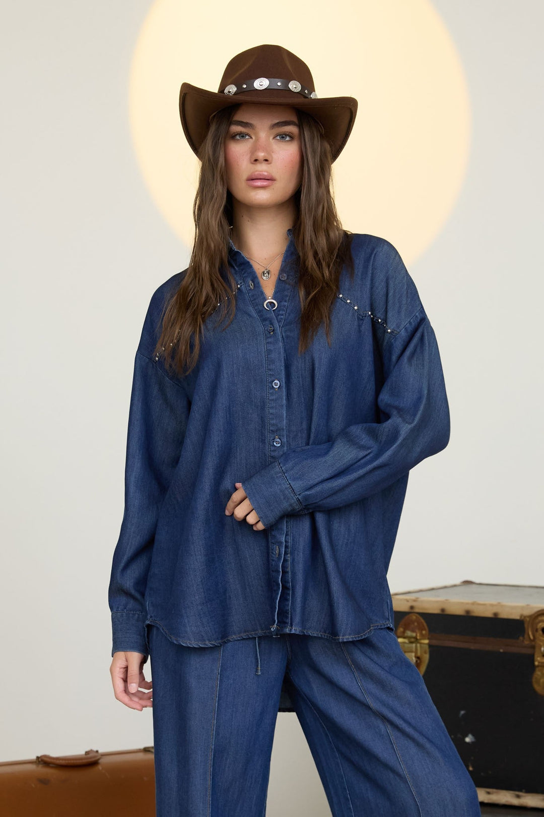 Blue Denim Stud Detail Button Down Shacket - STYLED BY ALX COUTUREShirts &amp; Tops