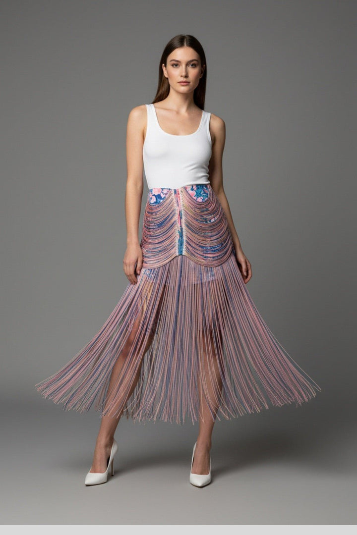 Blue Floral Fringe Midi Skirt - STYLED BY ALX COUTURESkirts