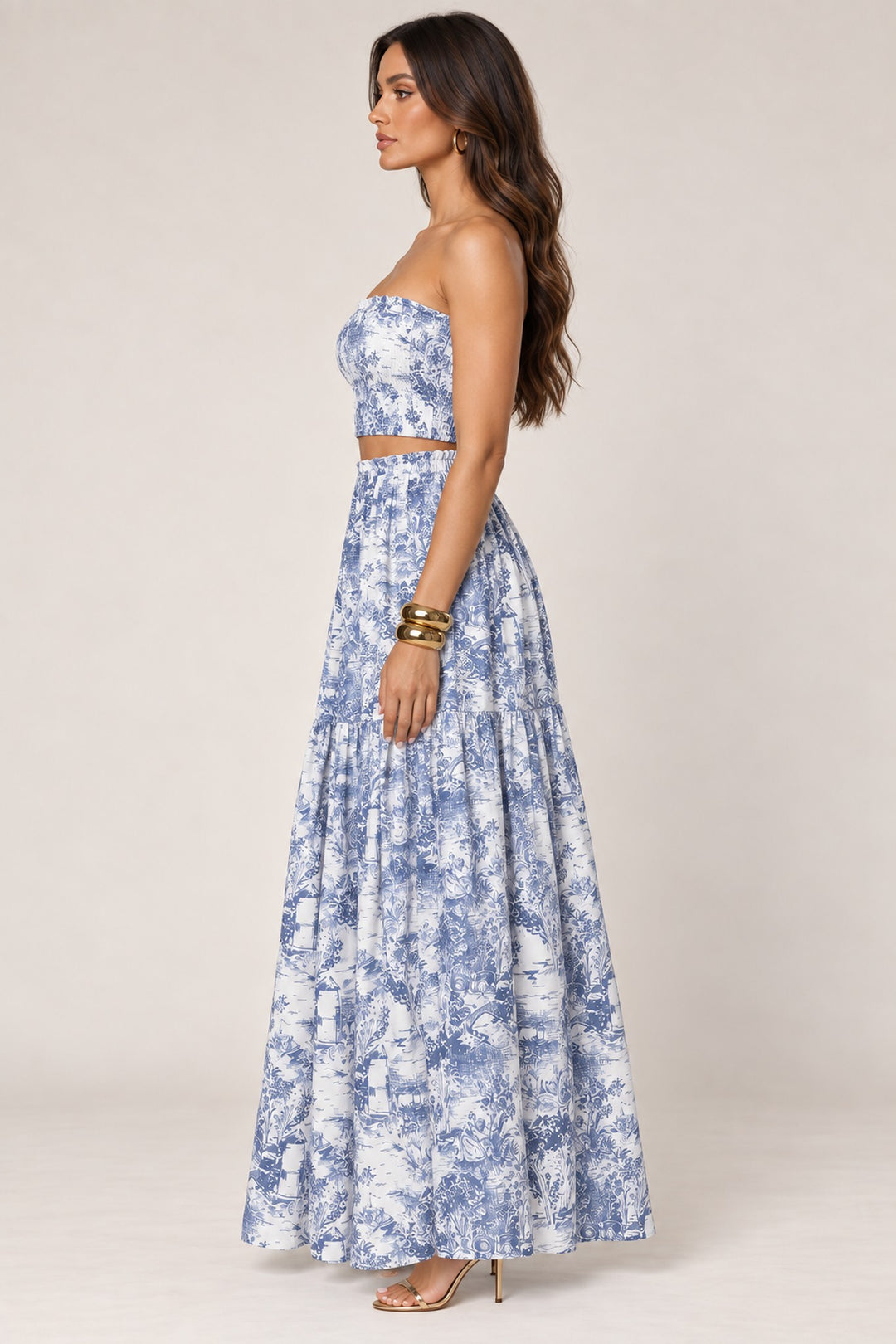 Blue jungle print skirt set, side view