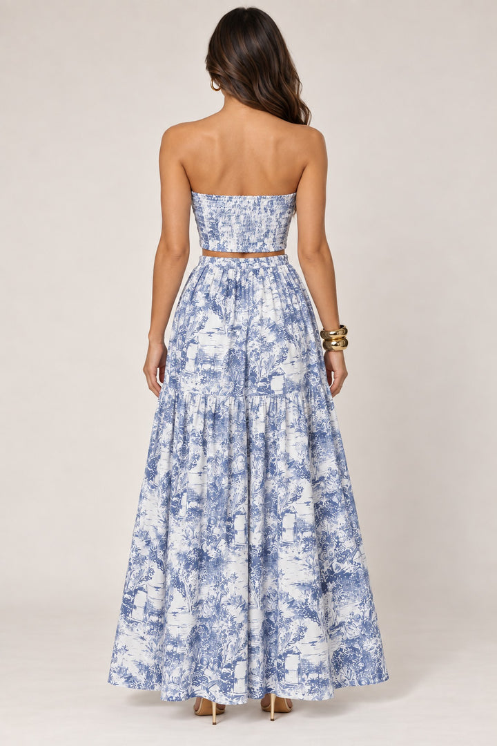 Blue jungle print skirt set, back view