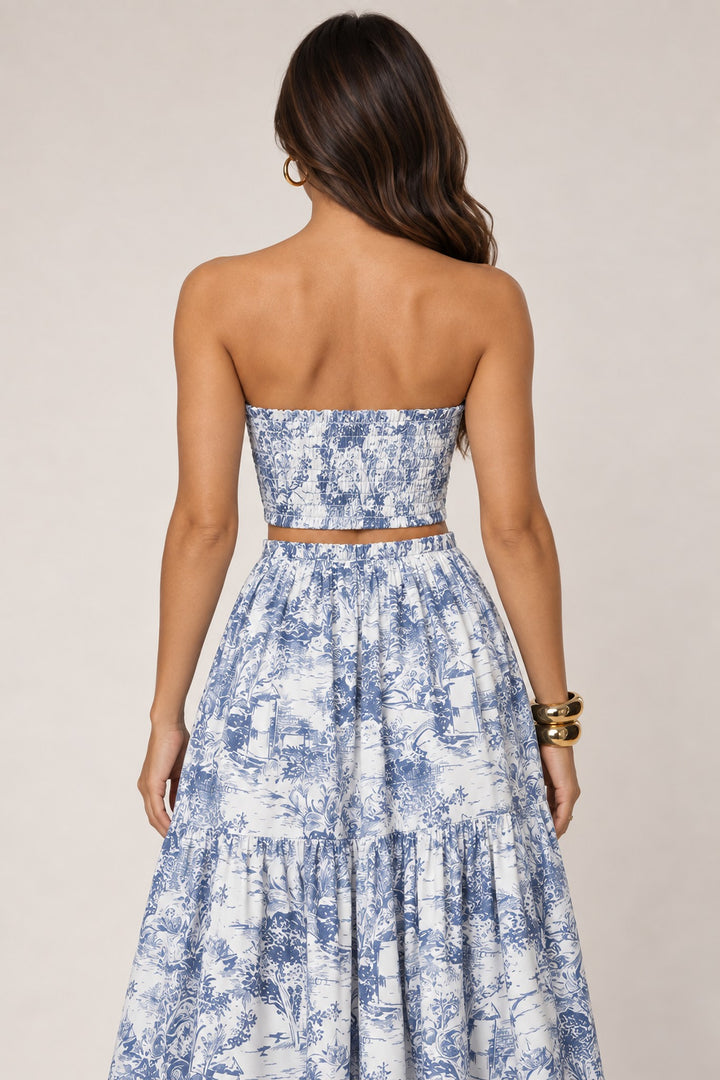 Blue jungle print tube top and maxi skirt set, back view close up
