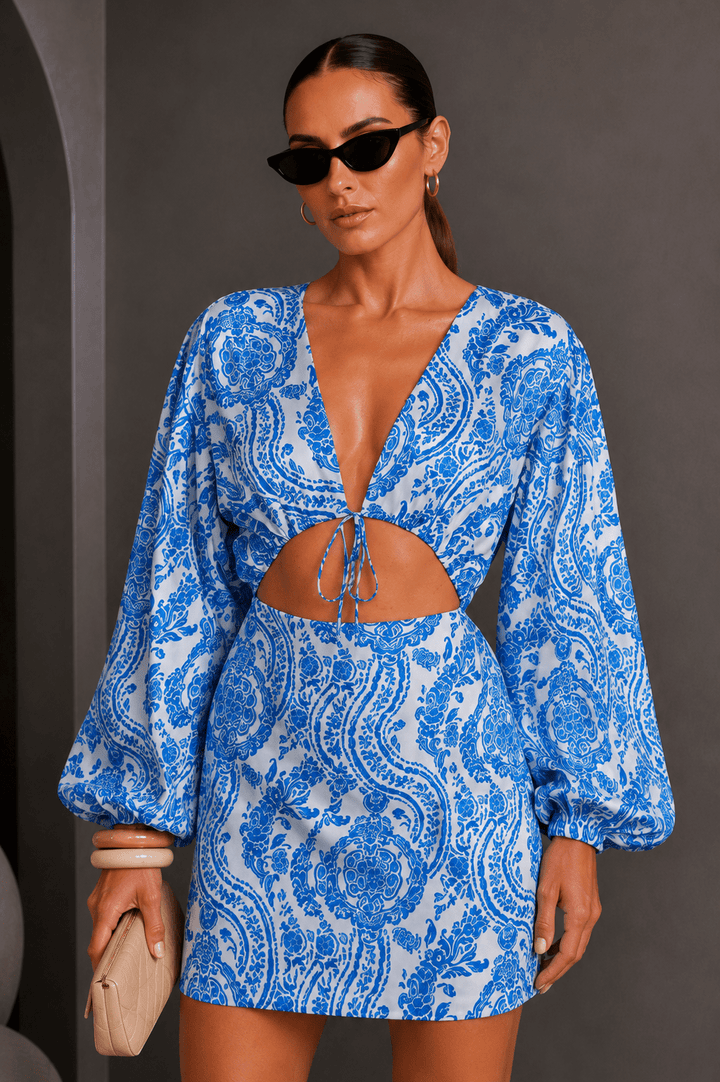 Blue Paisley Print Kimono Mini Dress - STYLED BY ALX COUTUREDresses