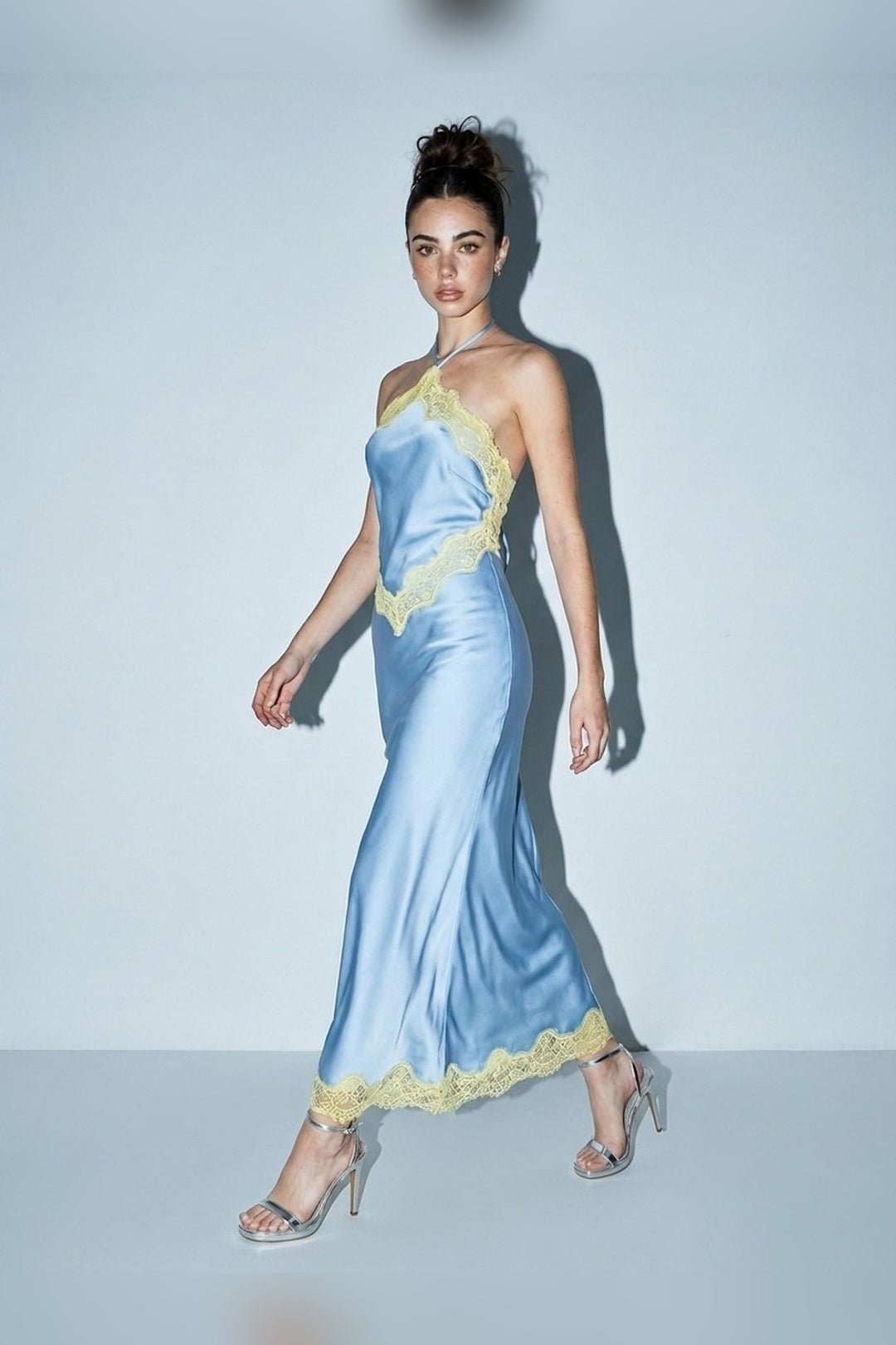 Blue satin halter maxi dress, walking