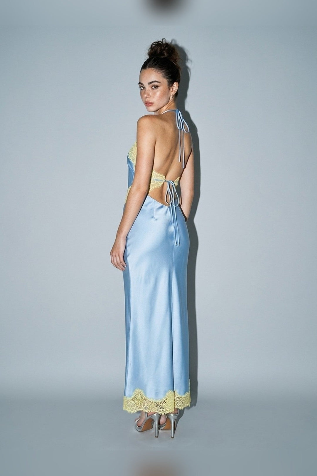 Blue Satin Contrast Lace Halter Tie Maxi Dress - STYLED BY ALX COUTUREDresses