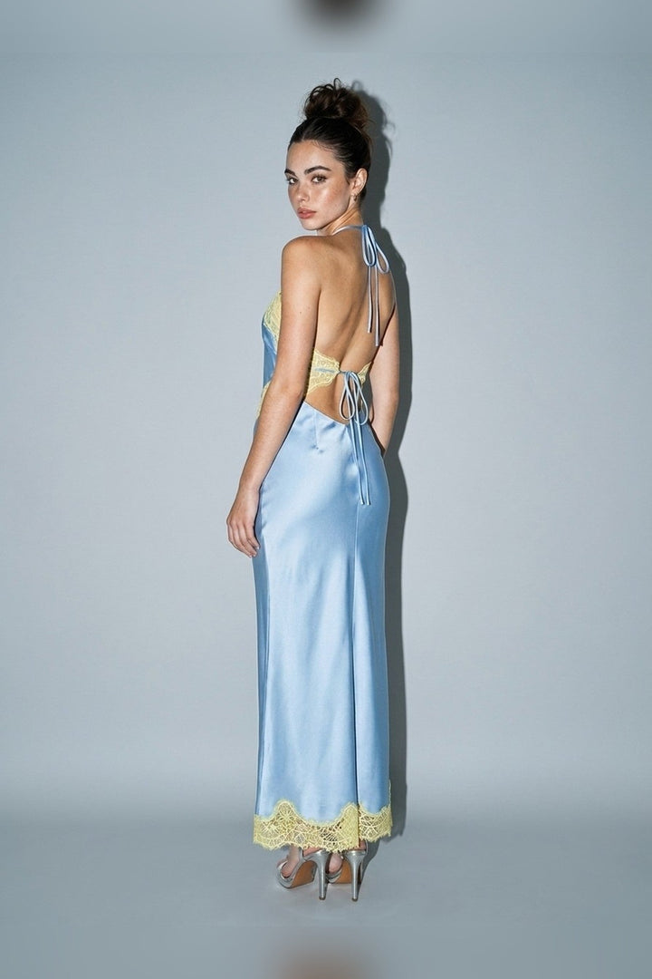 Blue Satin Contrast Lace Halter Tie Maxi Dress - STYLED BY ALX COUTUREDresses