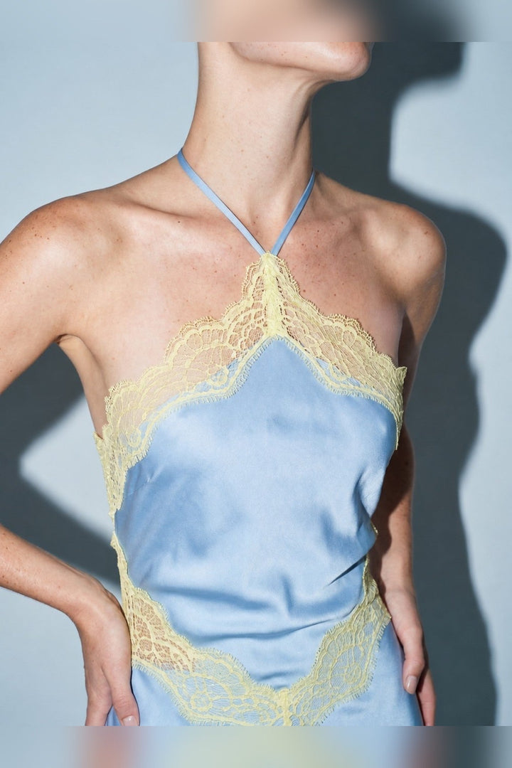 Blue Satin Contrast Lace Halter Tie Maxi Dress - STYLED BY ALX COUTUREDresses