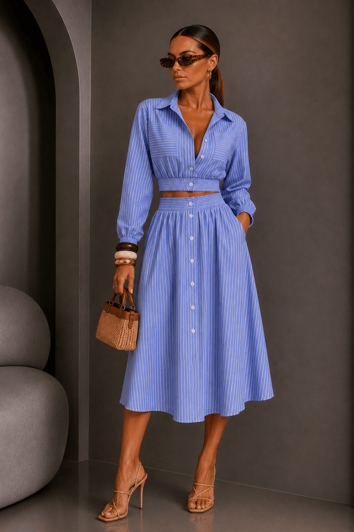 Blue Striped Button Down Skirt Set - STYLED BY ALX COUTUREOutfit Sets