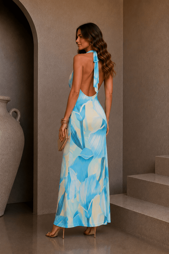 Blue Tropical Halter Maxi Dress - STYLED BY ALX COUTUREDresses