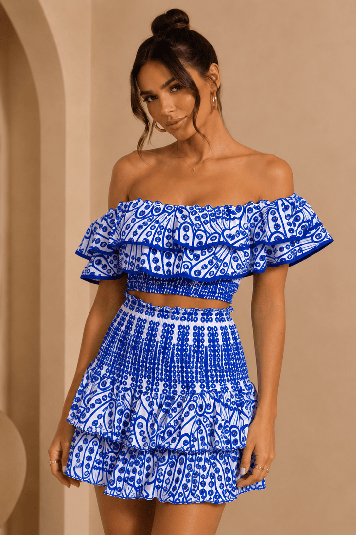 Blue & White Embroidered Ruffle Skirt Set - STYLED BY ALX COUTUREOutfit Sets