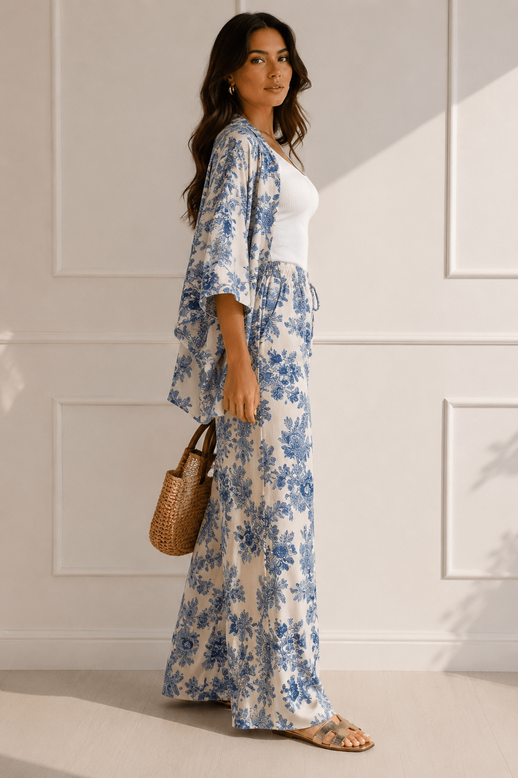 Blue & White Floral Kimono Pant Set - STYLED BY ALX COUTUREOutfit Sets