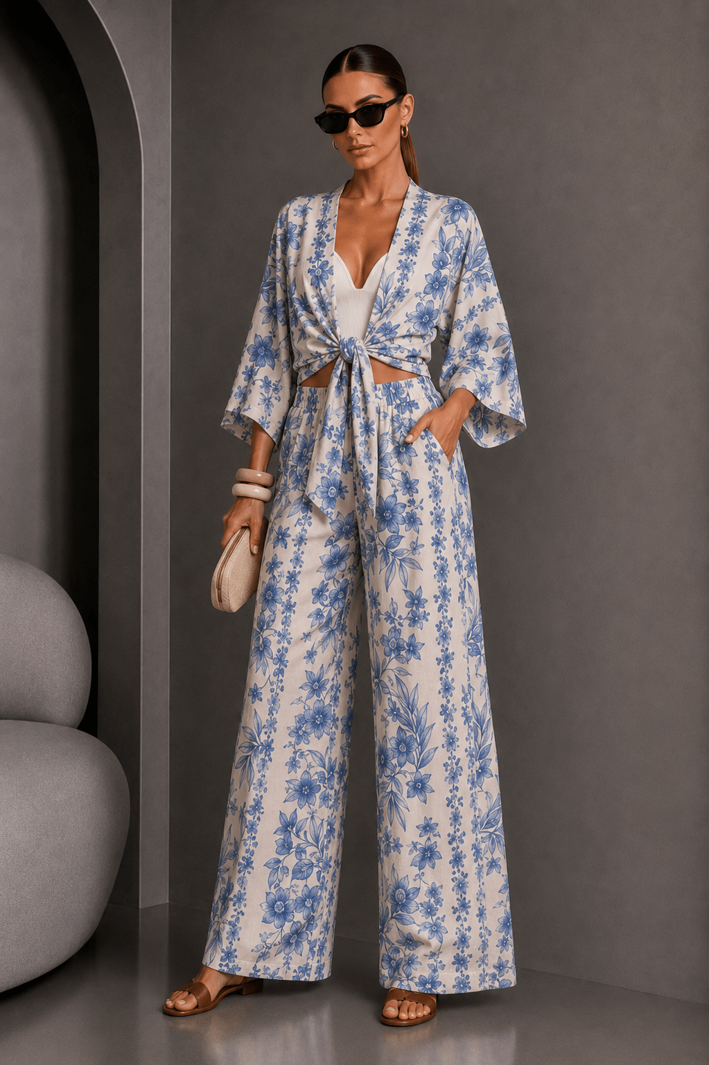 Blue & White Floral Kimono Pant Set - STYLED BY ALX COUTUREOutfit Sets