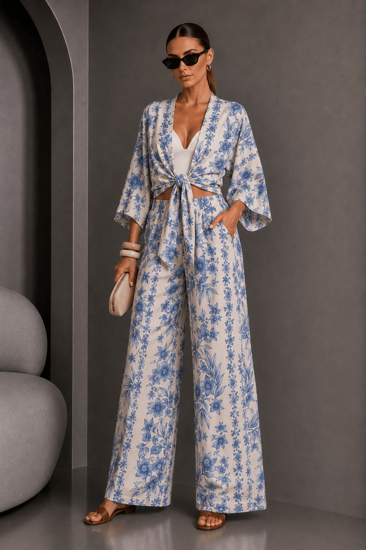 Blue & White Floral Kimono Pant Set - STYLED BY ALX COUTUREOutfit Sets