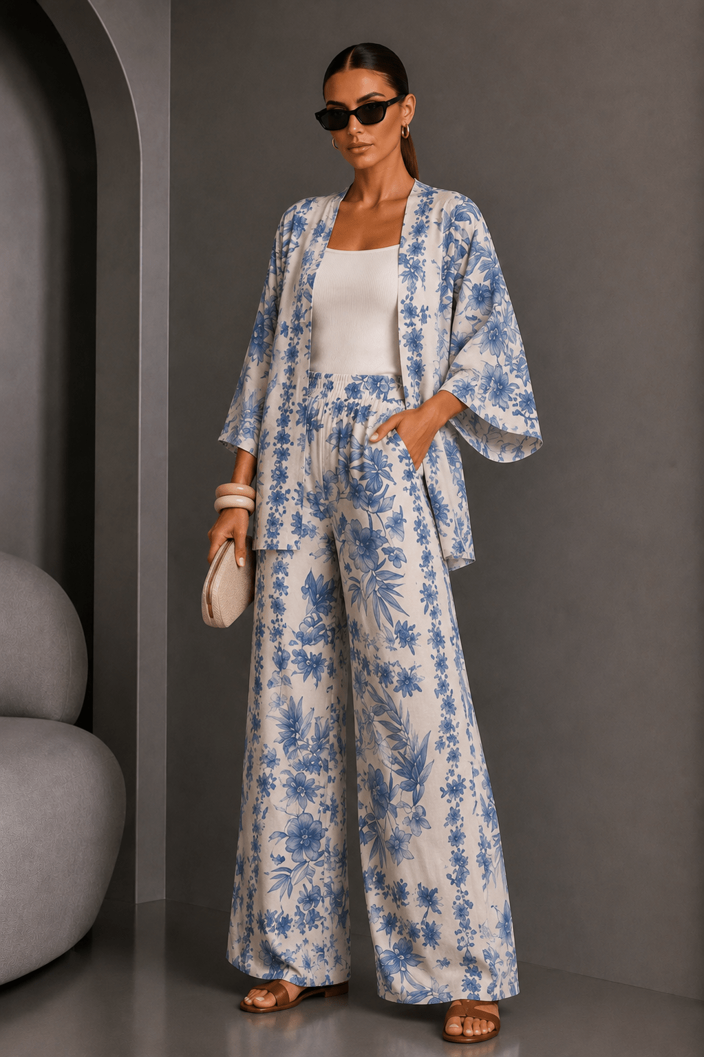 Blue & White Floral Kimono Pant Set - STYLED BY ALX COUTUREOutfit Sets