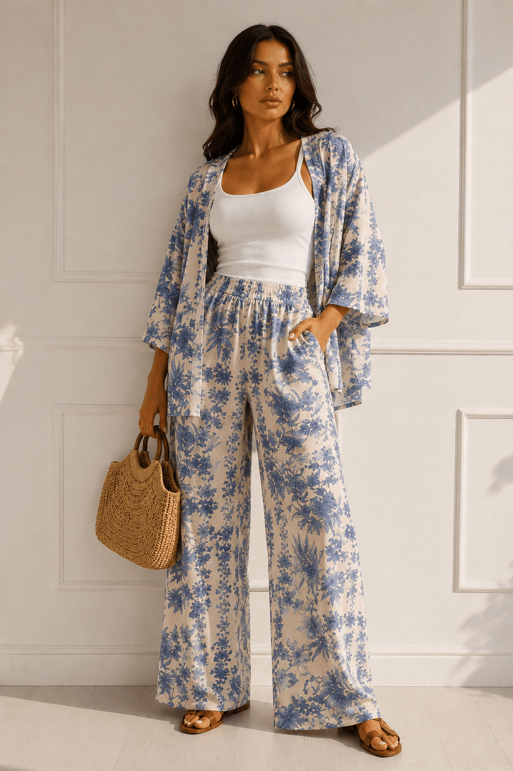 Blue & White Floral Kimono Pant Set - STYLED BY ALX COUTUREOutfit Sets