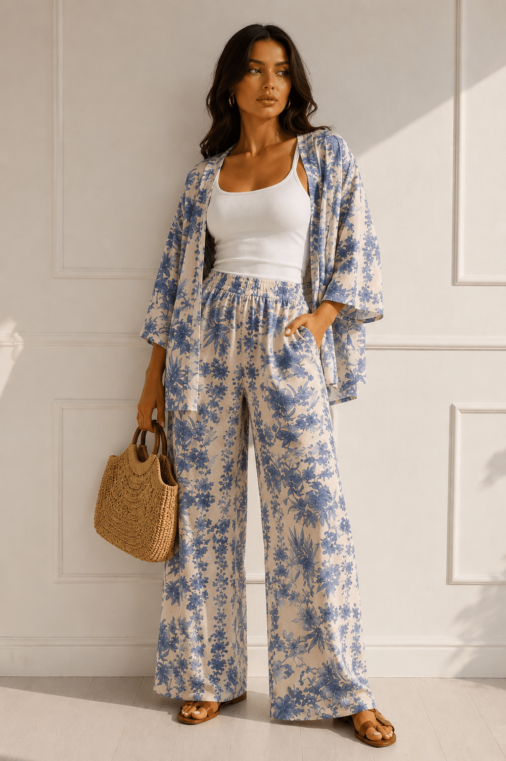 Blue & White Floral Kimono Pant Set - STYLED BY ALX COUTUREOutfit Sets