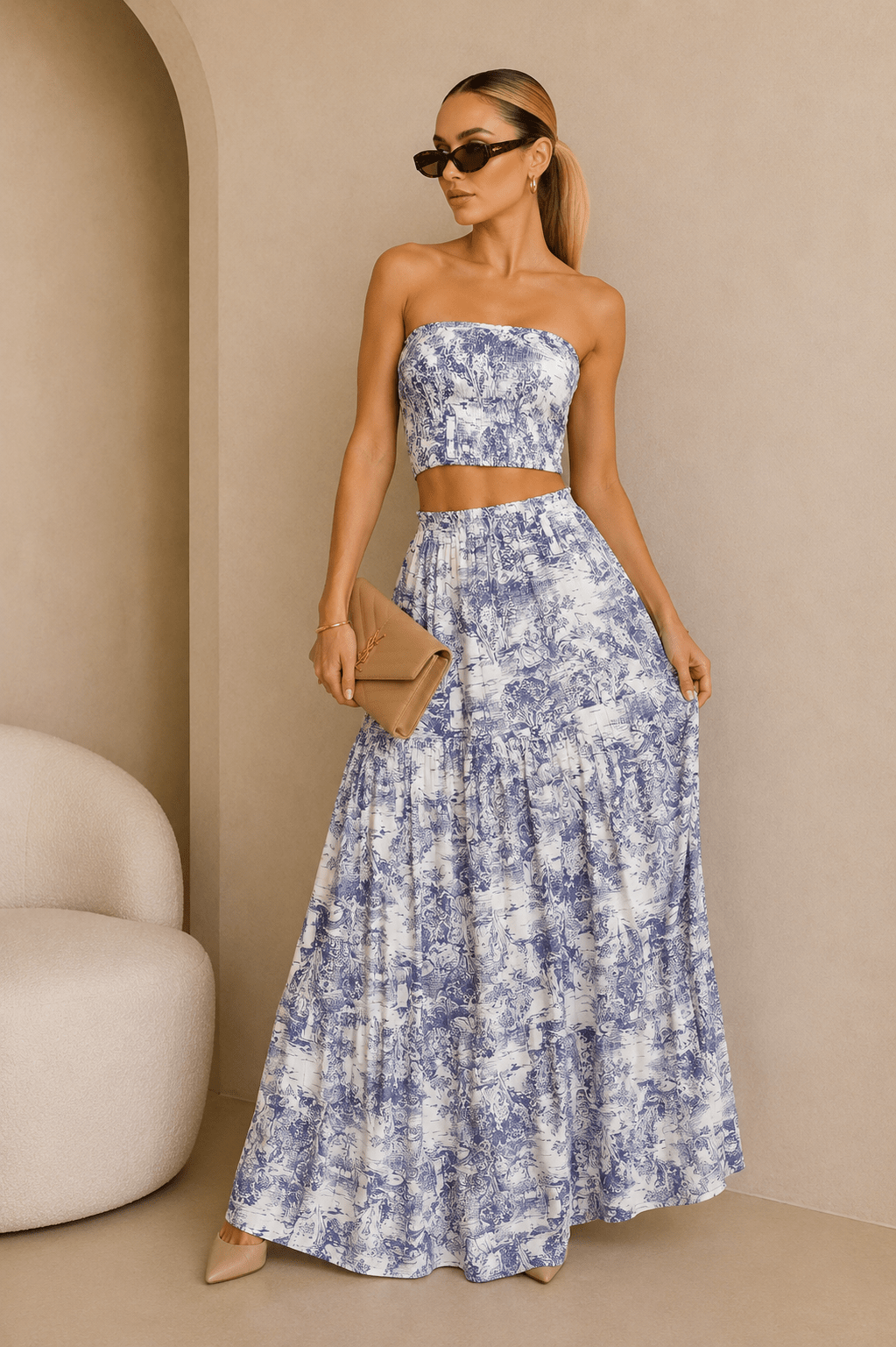 Blue & White Jungle Print Strapless Maxi Skirt Set - STYLED BY ALX COUTUREOutfit Sets