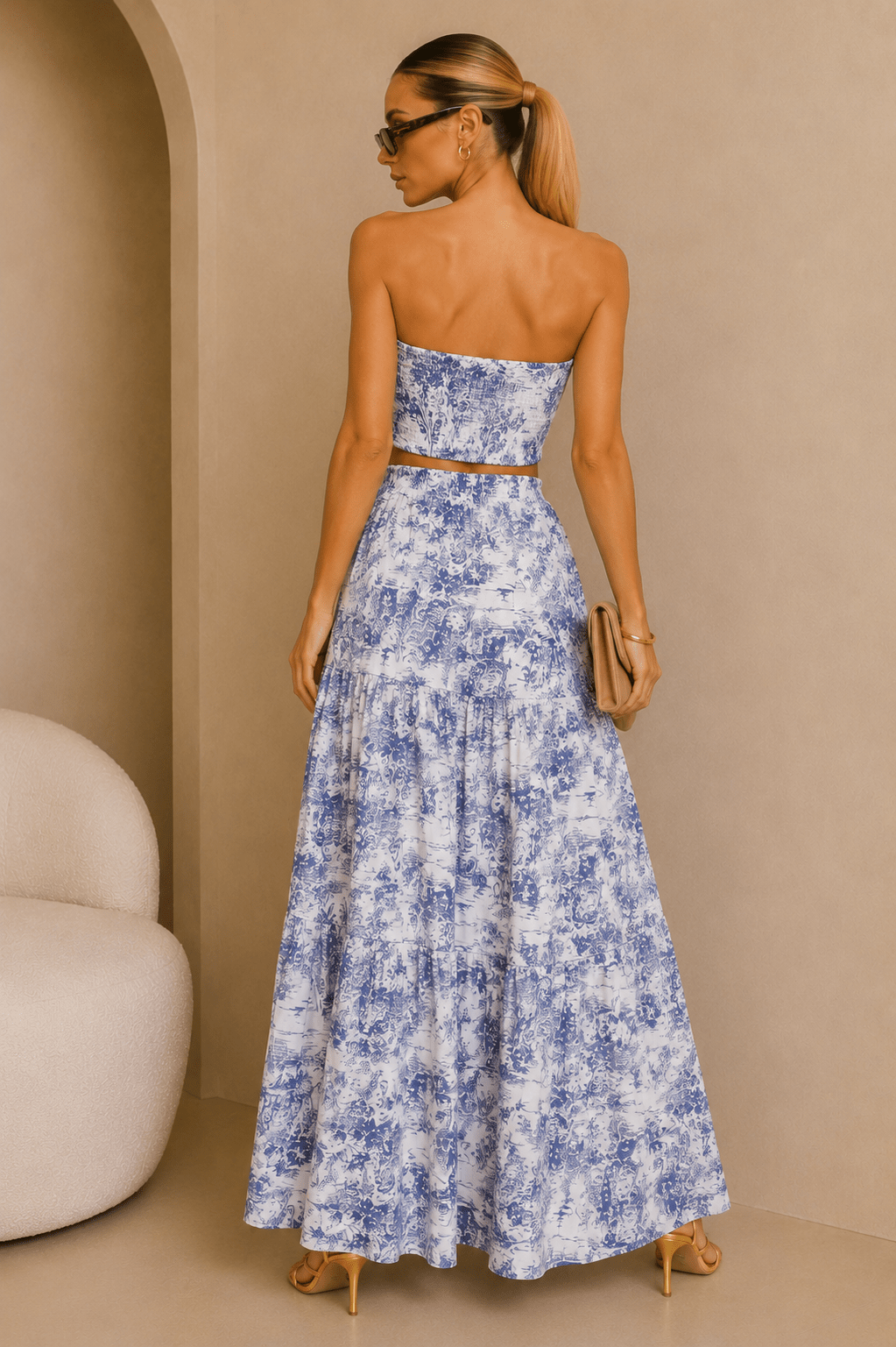 Blue & White Jungle Print Strapless Maxi Skirt Set - STYLED BY ALX COUTUREOutfit Sets