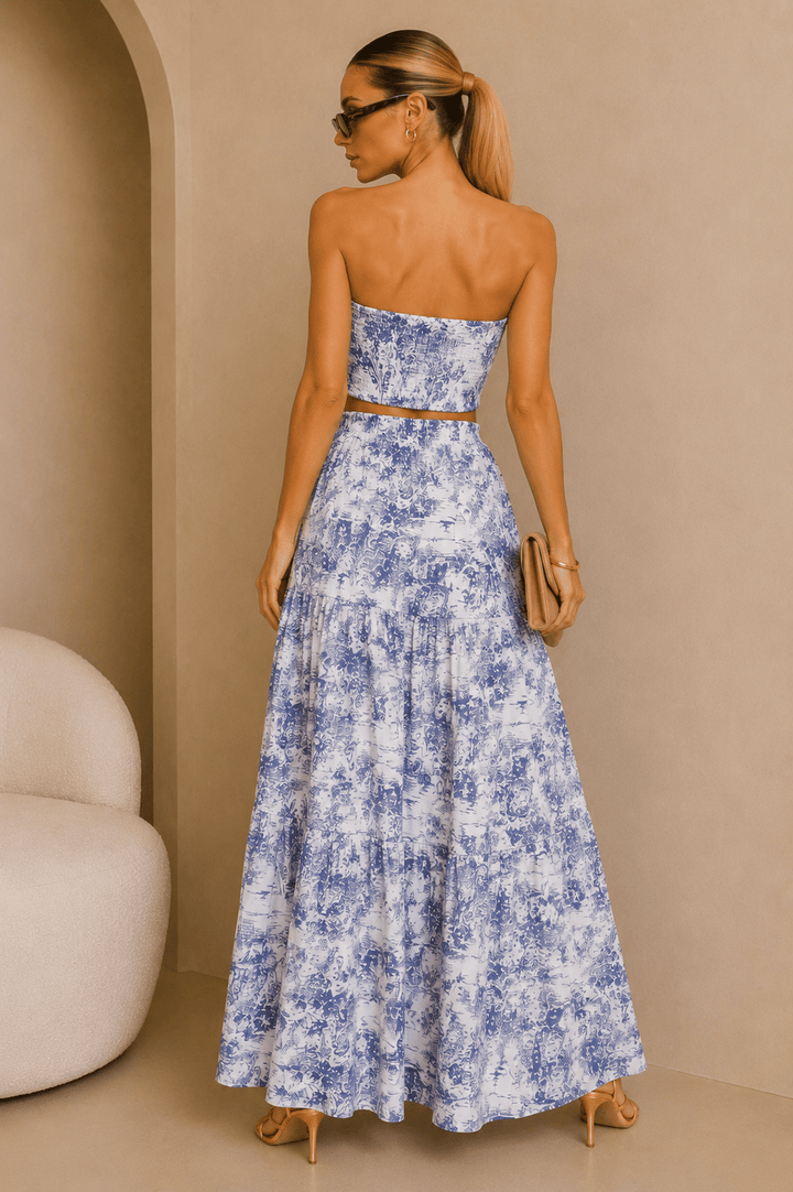 Blue & White Jungle Print Strapless Maxi Skirt Set - STYLED BY ALX COUTUREOutfit Sets