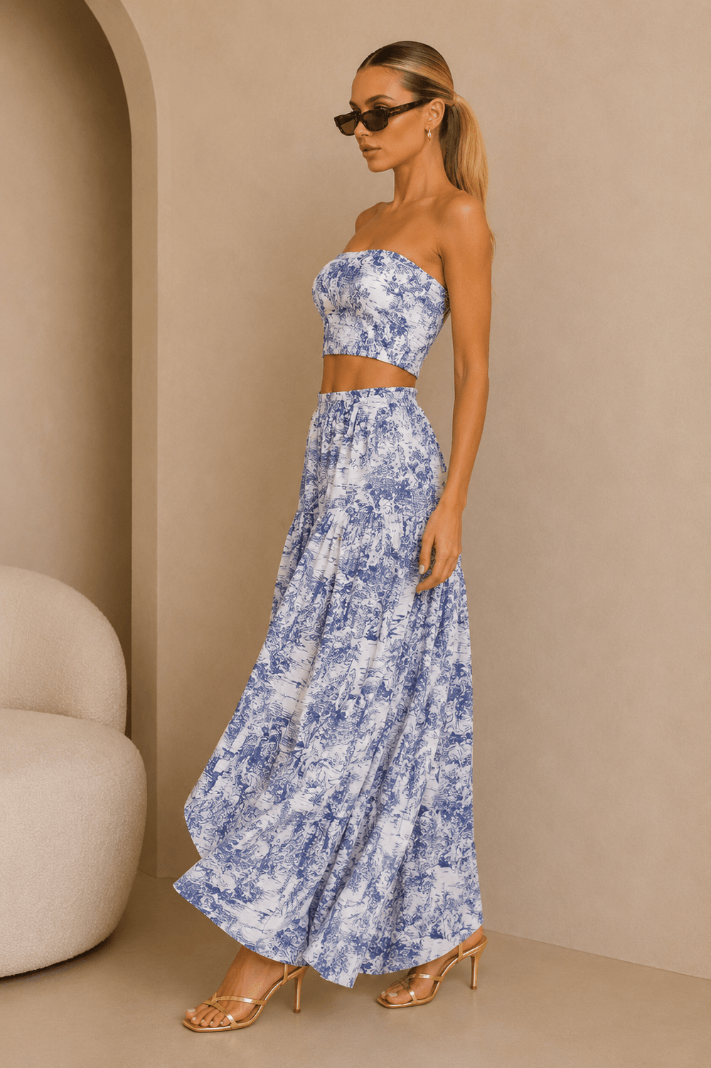 Blue & White Jungle Print Strapless Maxi Skirt Set - STYLED BY ALX COUTUREOutfit Sets