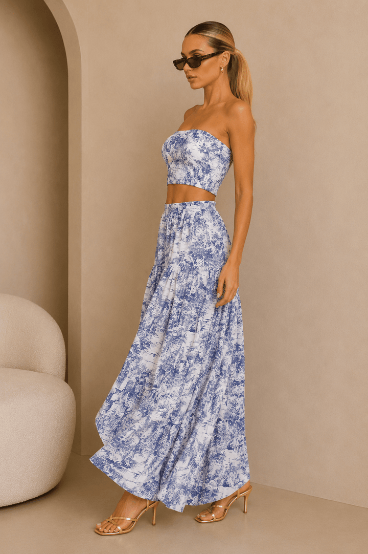 Blue & White Jungle Print Strapless Maxi Skirt Set - STYLED BY ALX COUTUREOutfit Sets