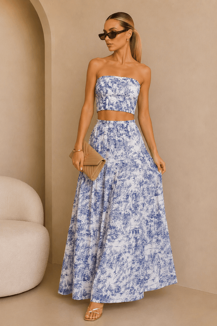 Blue & White Jungle Print Strapless Maxi Skirt Set - STYLED BY ALX COUTUREOutfit Sets