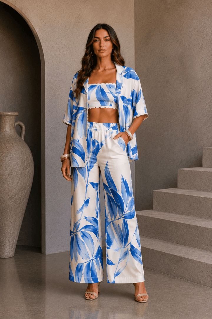 Blue & White Palm 3 Piece Pant Set - STYLED BY ALX COUTUREOutfit Sets