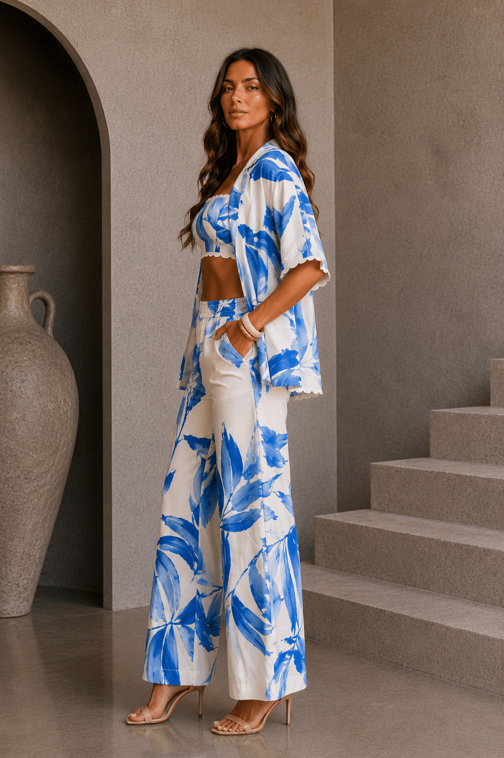Blue & White Palm 3 Piece Pant Set - STYLED BY ALX COUTUREOutfit Sets