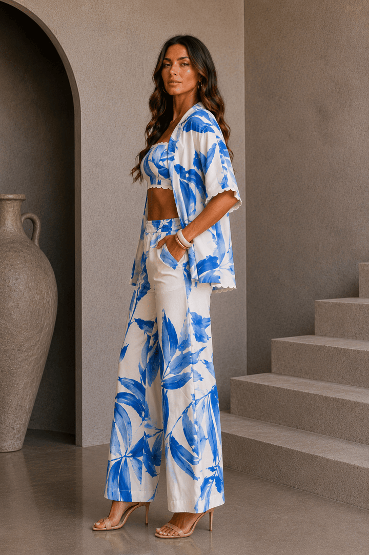 Blue & White Palm 3 Piece Pant Set - STYLED BY ALX COUTUREOutfit Sets