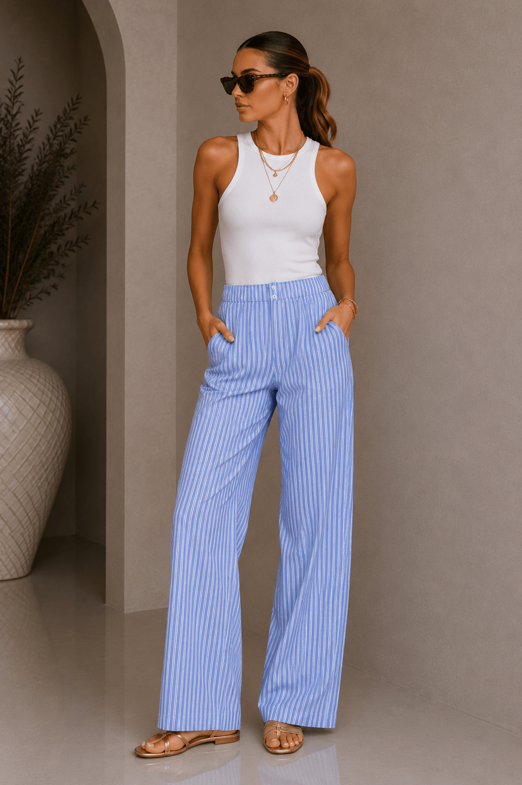 Blue & White Stripe Waisted Boxer Pants - STYLED BY ALX COUTUREPANTS