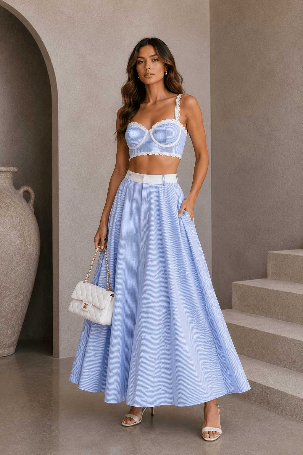 Blue & White Striped Lace Skirt Set - STYLED BY ALX COUTUREOutfit Sets