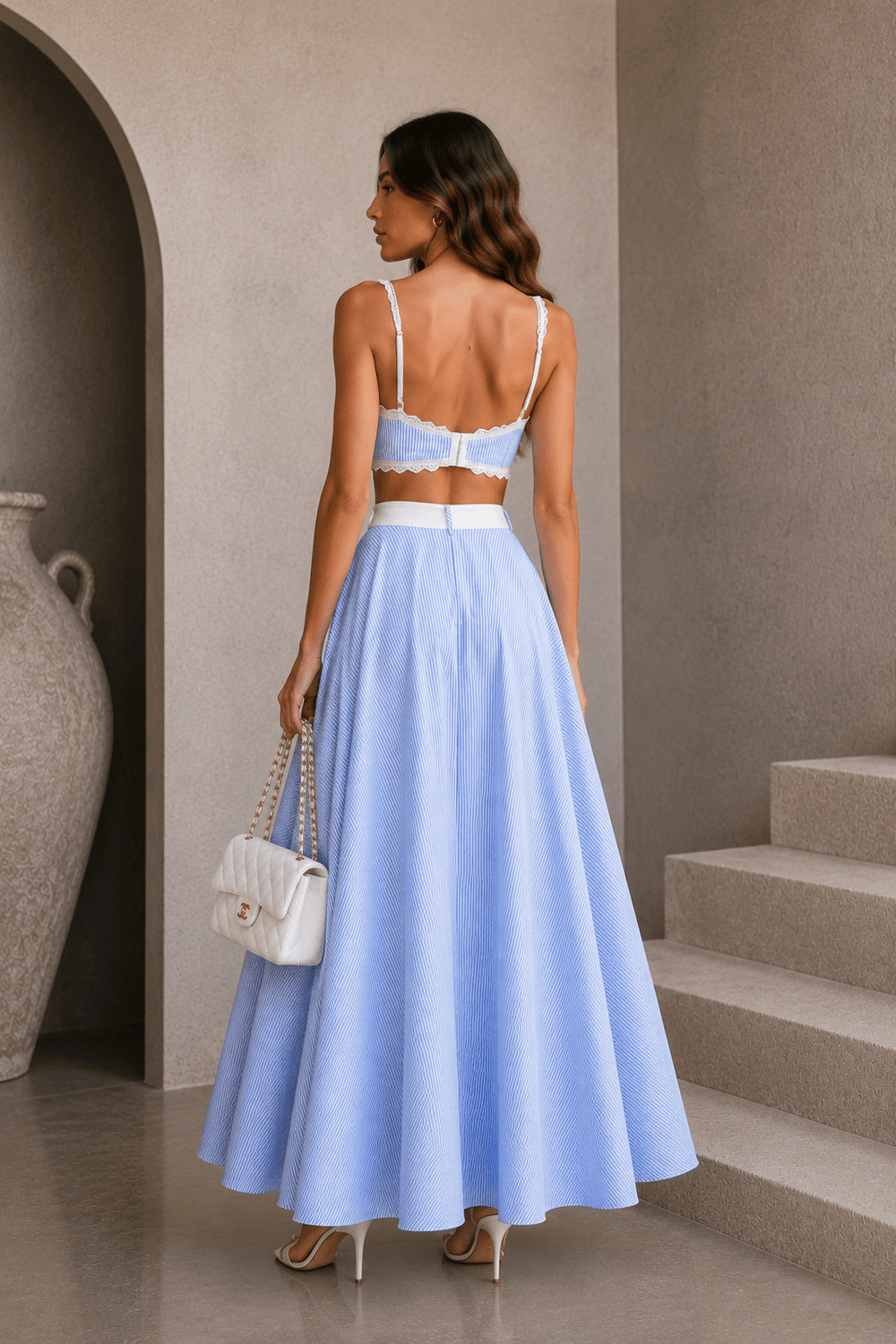 Blue & White Striped Lace Skirt Set - STYLED BY ALX COUTUREOutfit Sets