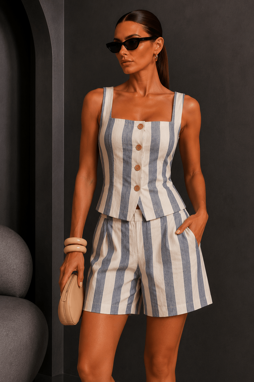 Blue & White Striped Linen Short Set - STYLED BY ALX COUTUREOutfit Sets