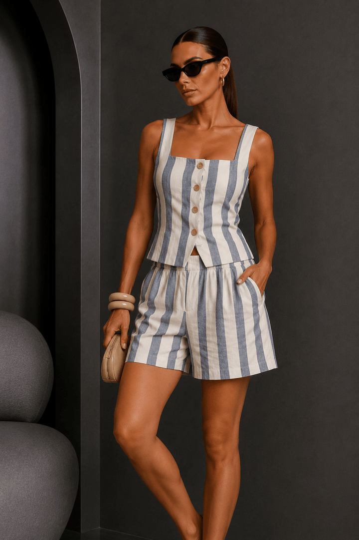 Blue & White Striped Linen Short Set - STYLED BY ALX COUTUREOutfit Sets