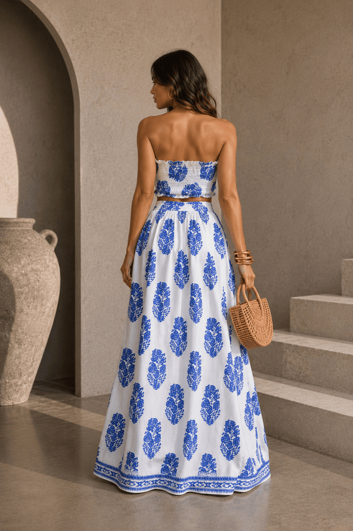 Blue & White Tie Front Maxi Skirt Set - STYLED BY ALX COUTUREOutfit Sets