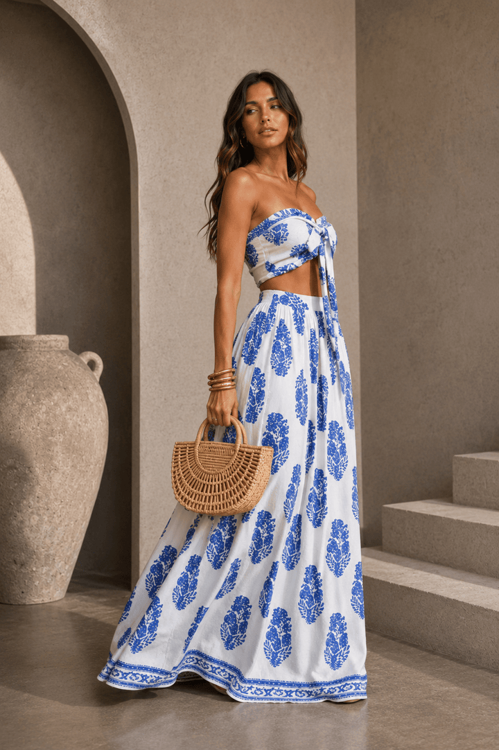 Blue & White Tie Front Maxi Skirt Set - STYLED BY ALX COUTUREOutfit Sets