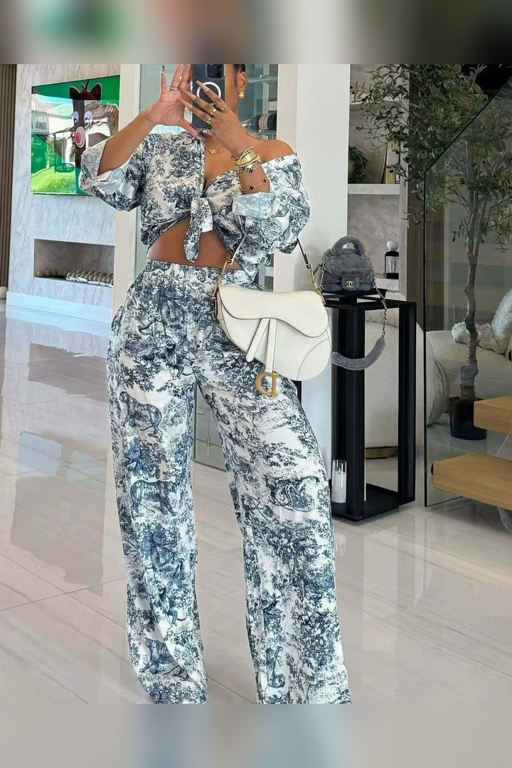 Blue White Toile Pants Set - STYLED BY ALX COUTUREOutfit Sets
