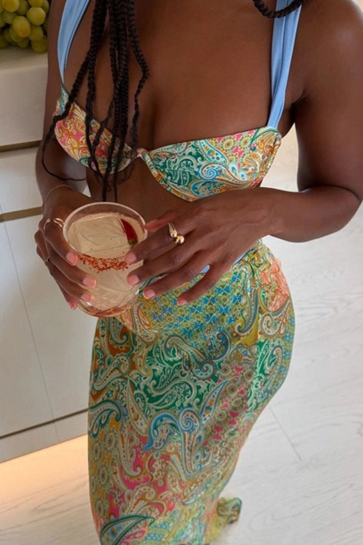 Bohemian Print Strappy Bikini Skirt Three - Piece Set - STYLED BY ALX COUTURESWIMWEAR