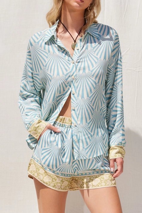 Aqua and ivory border print shirt and shorts set - STYLED BY ALX COUTURE
